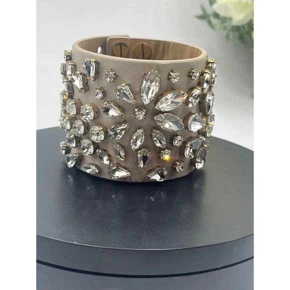 J. Crew Beige Leather Floral Rhinestone Statement Cuff Bracelet - Picture 8 of 11
